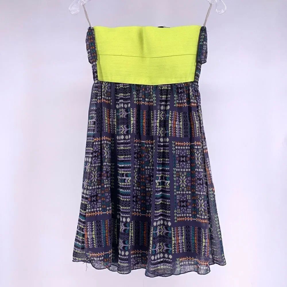 Strapless Ruffle Purple Patterned Neon Mini Dress - Picture 4 of 6